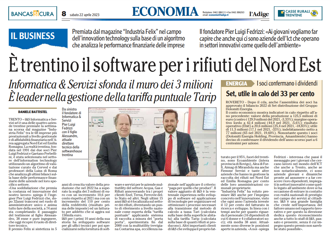 anteprima articolo L'Adige "E' trentino il software per i rifiuti del Nord Est" 