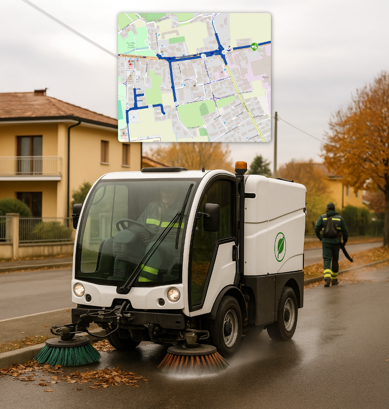 Spazzatrice in azione con anteprima del tracciamento passaggi sul software 